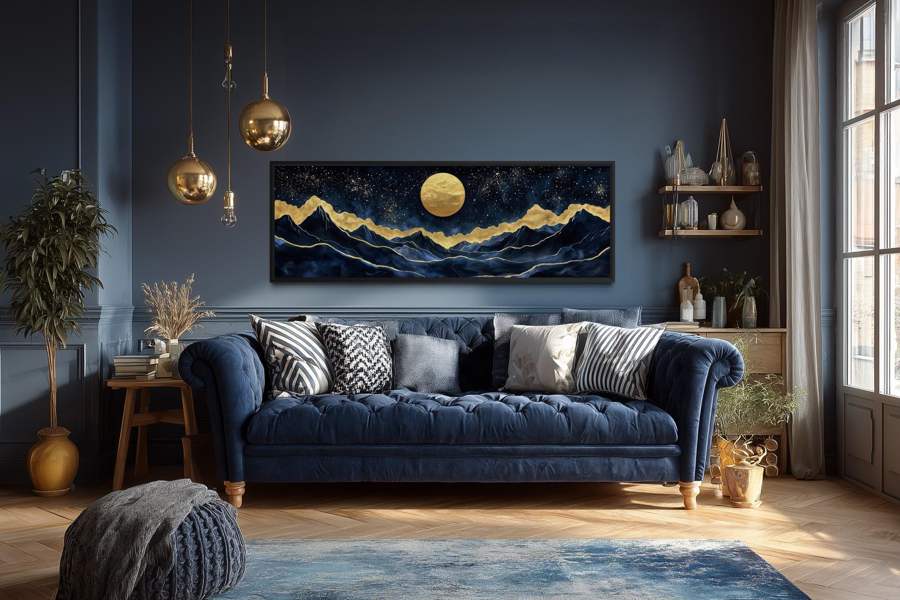 Gold Navy Wall Art | Moon Mountain Landscape Canvas Print - Luxury Celestial Decor