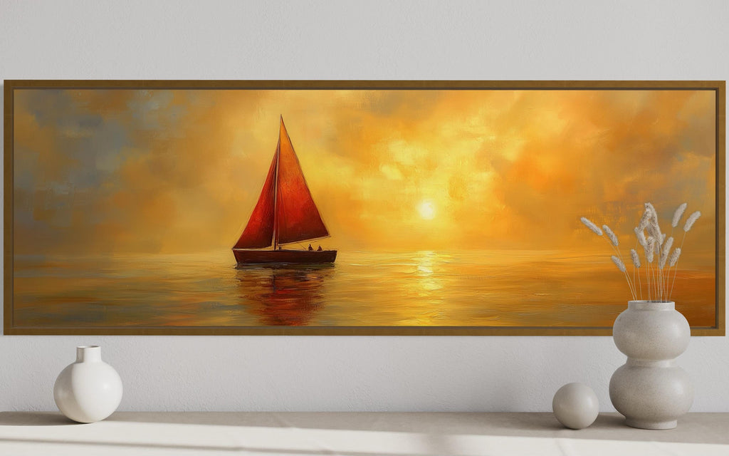 Gold Red Sail Boat Long Narrow Framed Canvas Wall Art