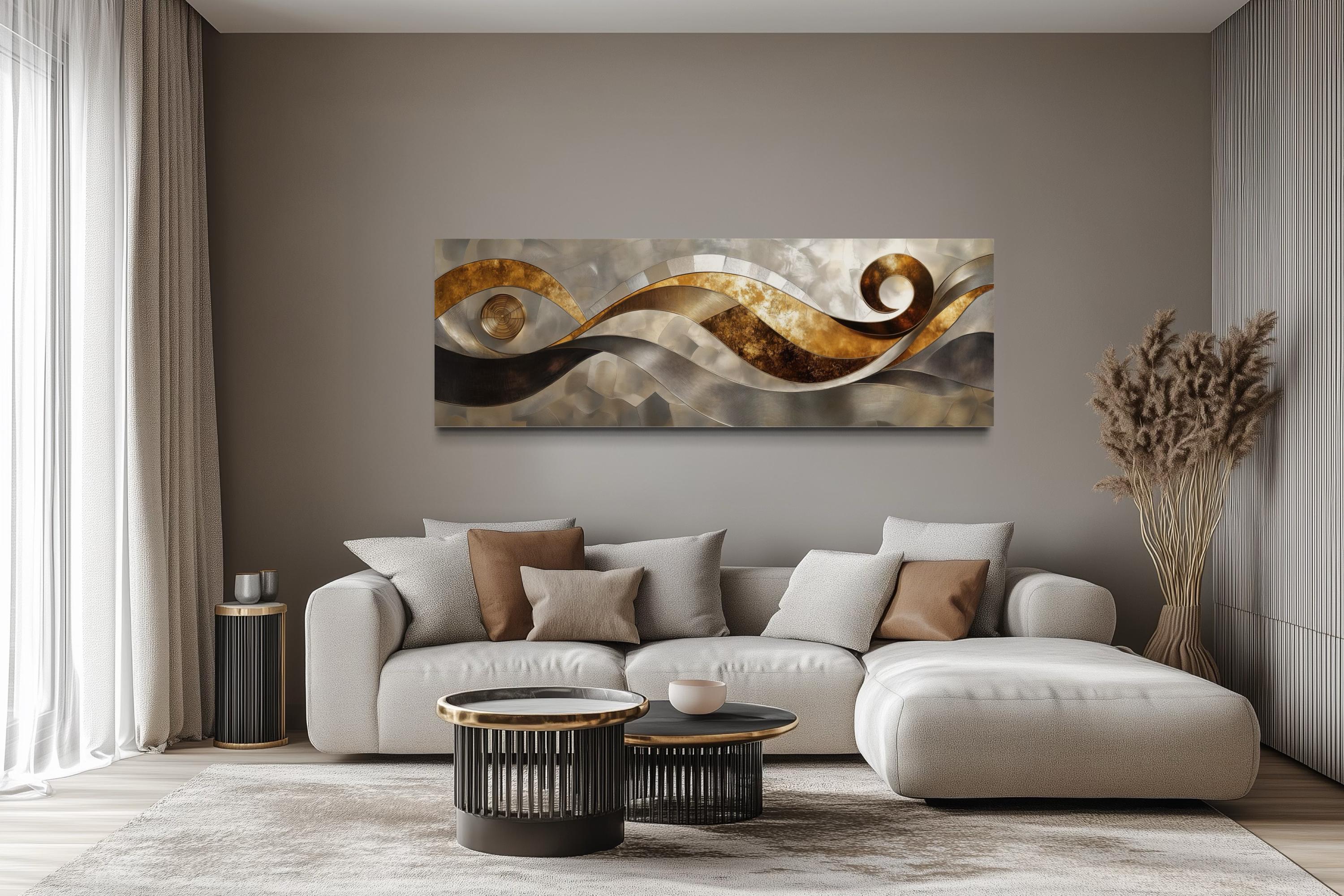 Gold Silver Abstract Swirl Long Horizontal Wall Art