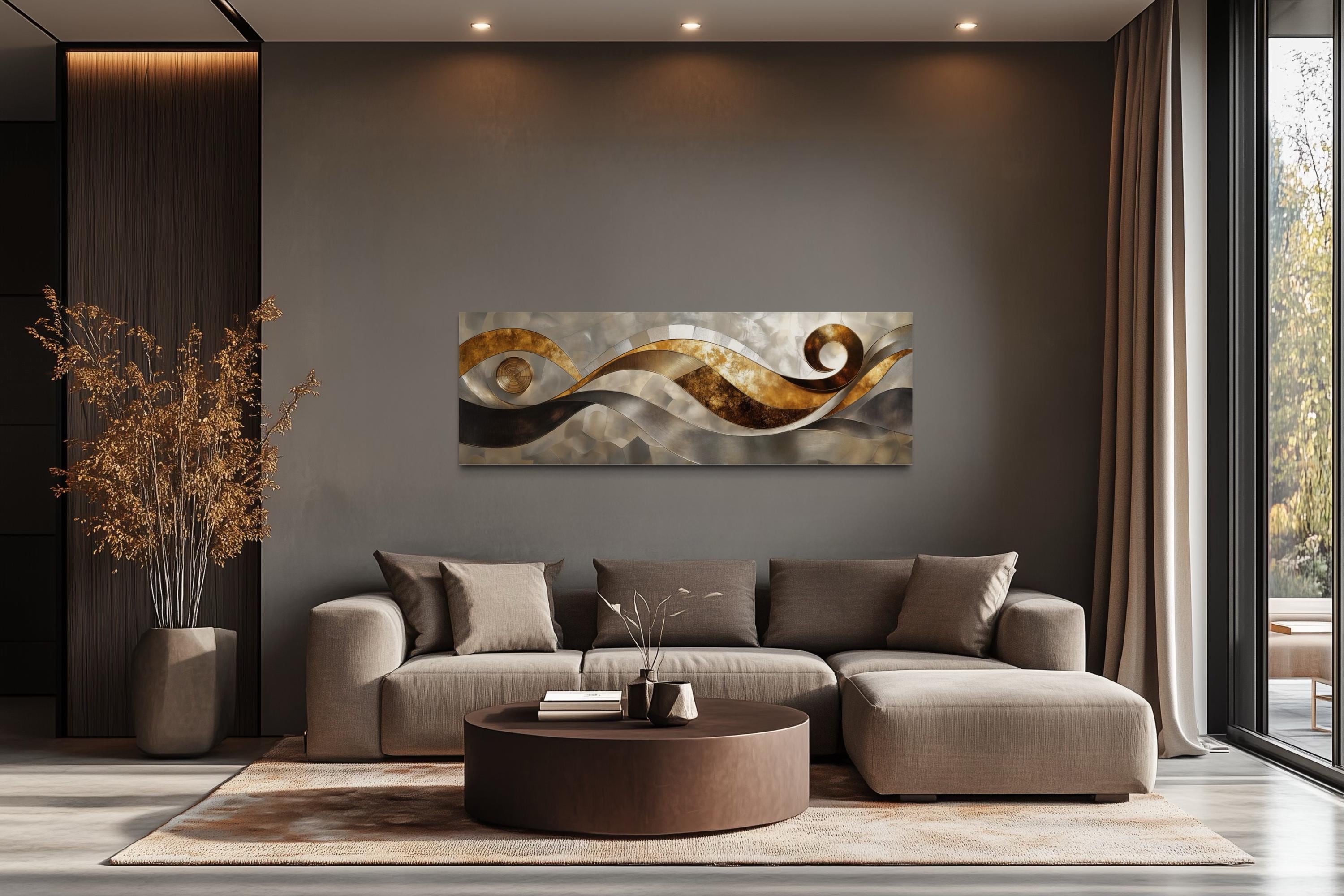 Gold Silver Abstract Swirl Long Horizontal Wall Art