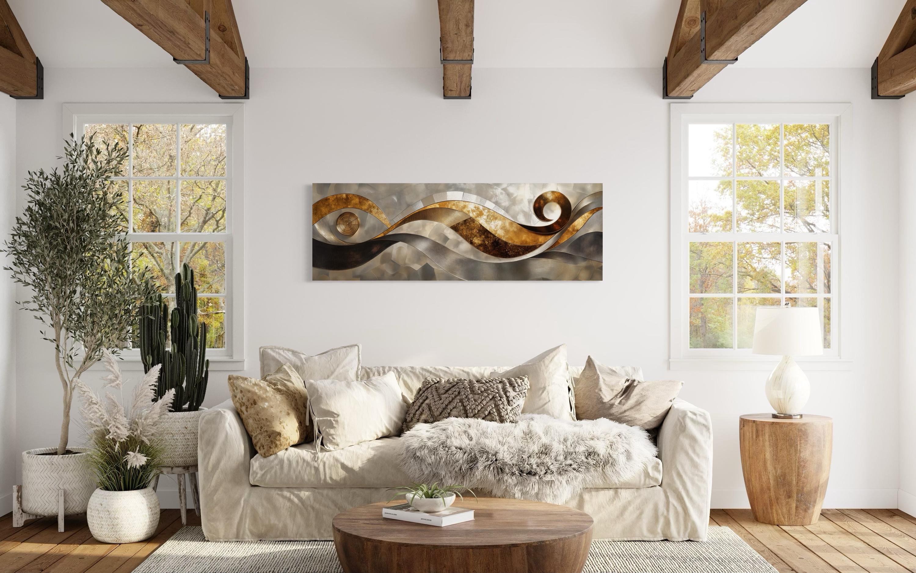 Gold Silver Abstract Swirl Long Horizontal Wall Art
