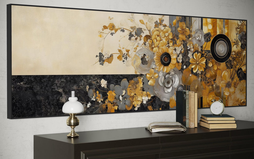 Gold Silver Black Floral Long Horizontal  Abstract Wall Art