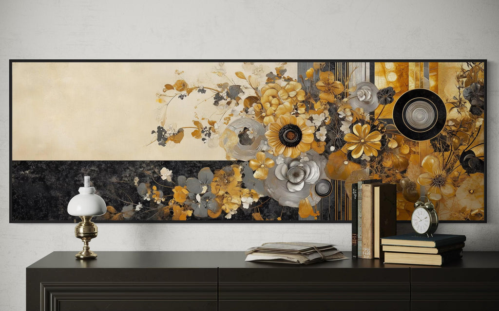Gold Silver Black Floral Long Horizontal  Abstract Wall Art