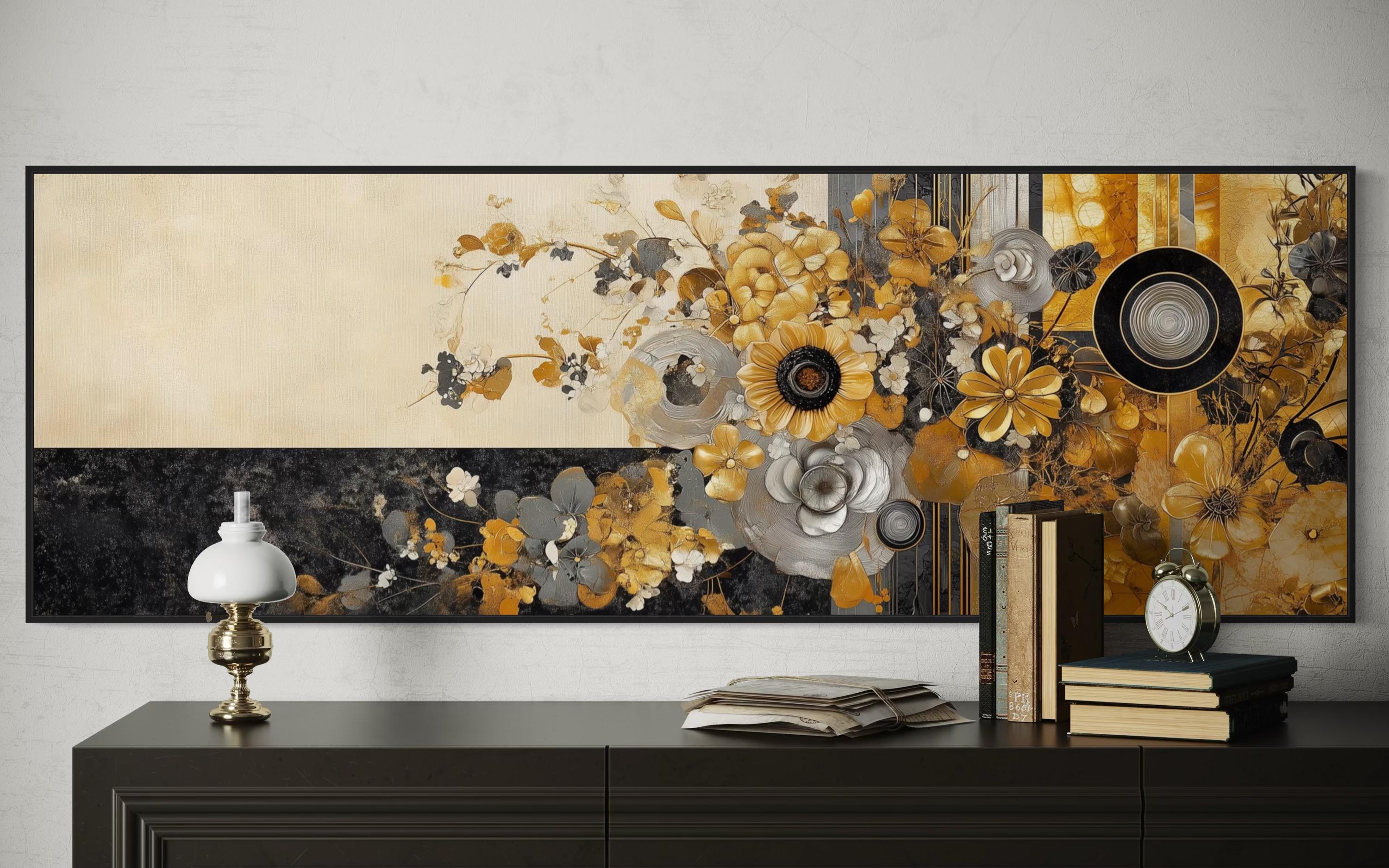Gold Silver Black Floral Long Horizontal  Abstract Wall Art