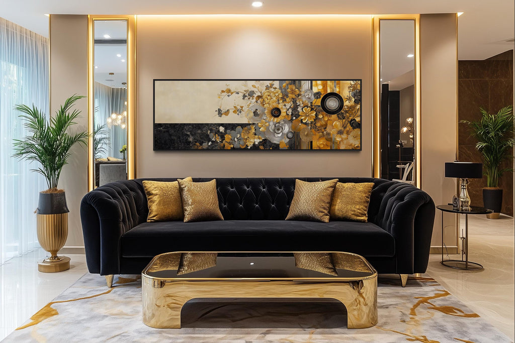 Gold Silver Black Floral Long Horizontal  Abstract Wall Art