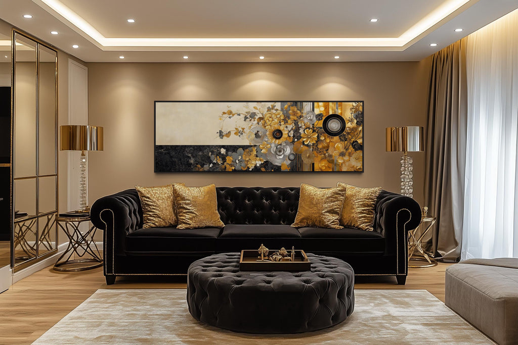 Gold Silver Black Floral Long Horizontal  Abstract Wall Art
