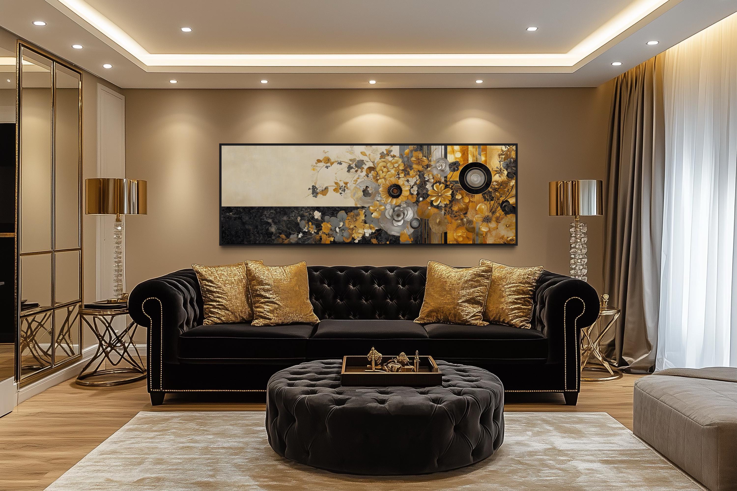 Gold Silver Black Floral Long Horizontal  Abstract Wall Art