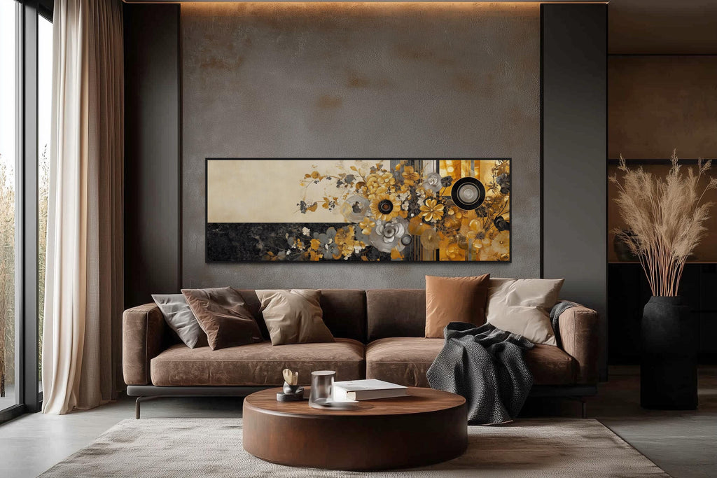 Gold Silver Black Floral Long Horizontal  Abstract Wall Art