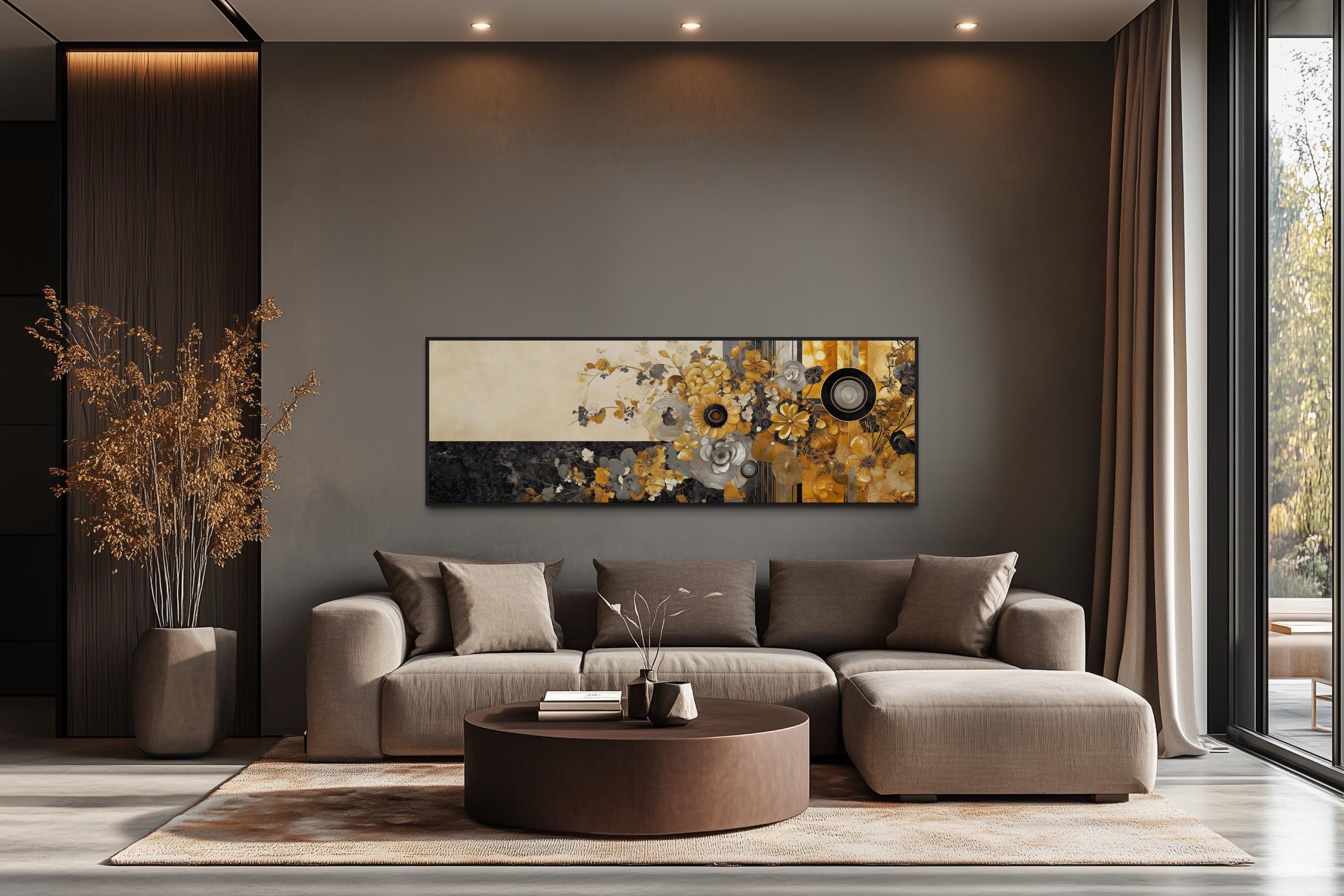 Gold Silver Black Floral Long Horizontal  Abstract Wall Art