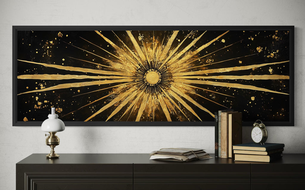 Gold Sun Wall Art – Black Gold Canvas | Long Horizontal Sunburst Abstract Painting