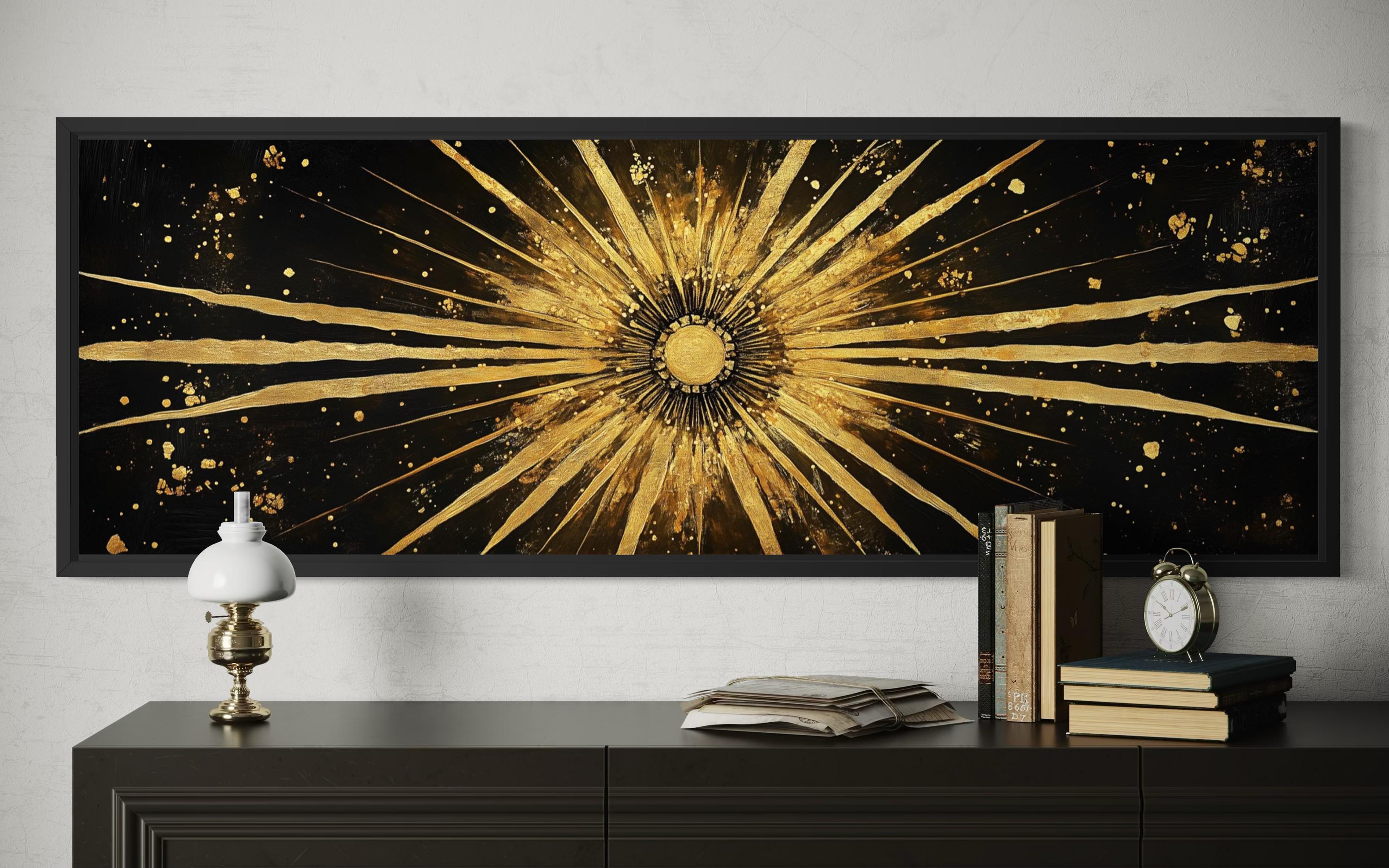 Gold Sun Wall Art – Black Gold Canvas | Long Horizontal Sunburst Abstract Painting