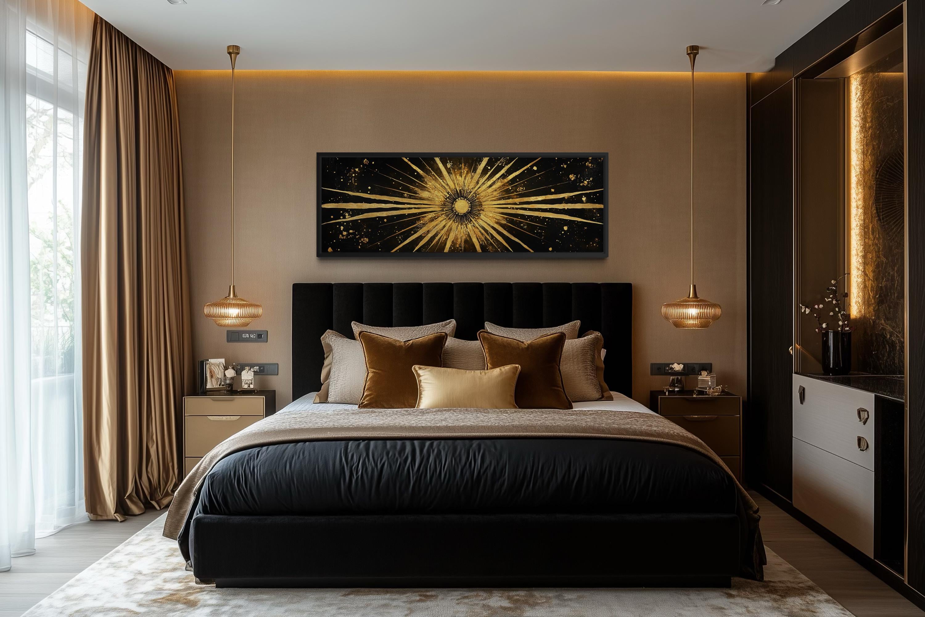 Gold Sun Wall Art – Black Gold Canvas | Long Horizontal Sunburst Abstract Painting