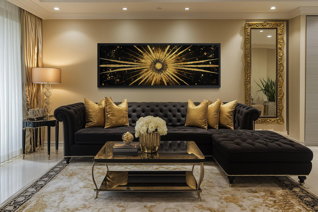 Gold Sun Wall Art – Black Gold Canvas | Long Horizontal Sunburst Abstract Painting