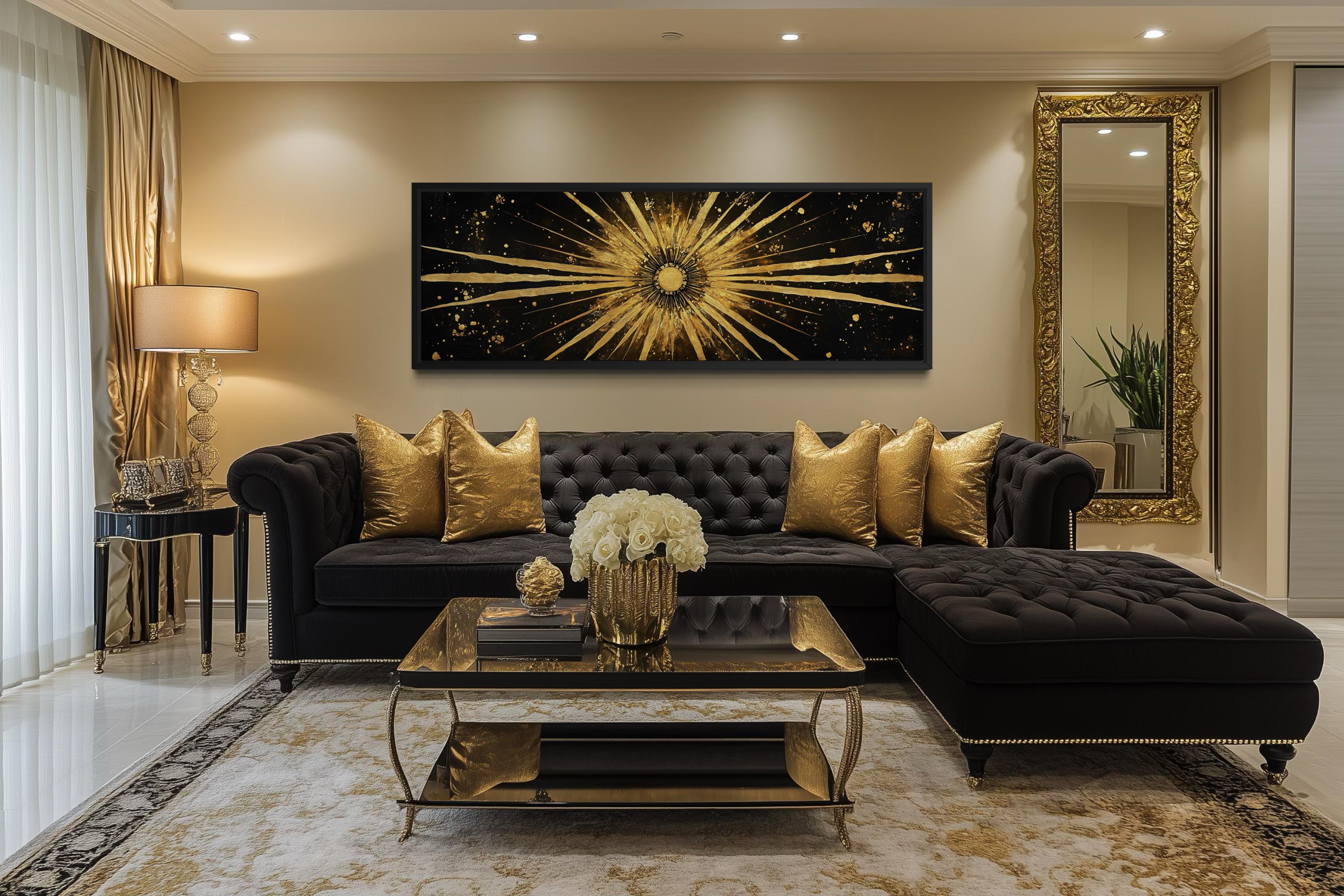 Gold Sun Wall Art – Black Gold Canvas | Long Horizontal Sunburst Abstract Painting