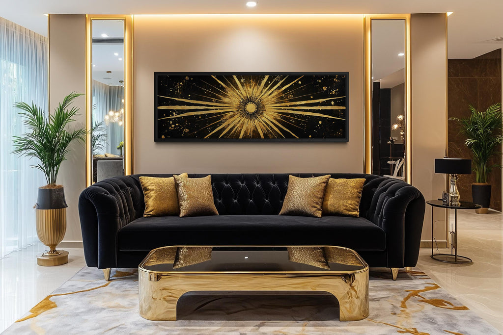 Gold Sun Wall Art – Black Gold Canvas | Long Horizontal Sunburst Abstract Painting