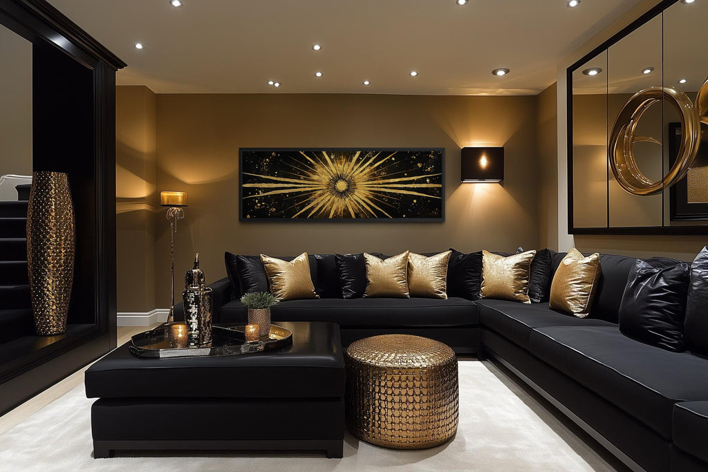 Gold Sun Wall Art – Black Gold Canvas | Long Horizontal Sunburst Abstract Painting