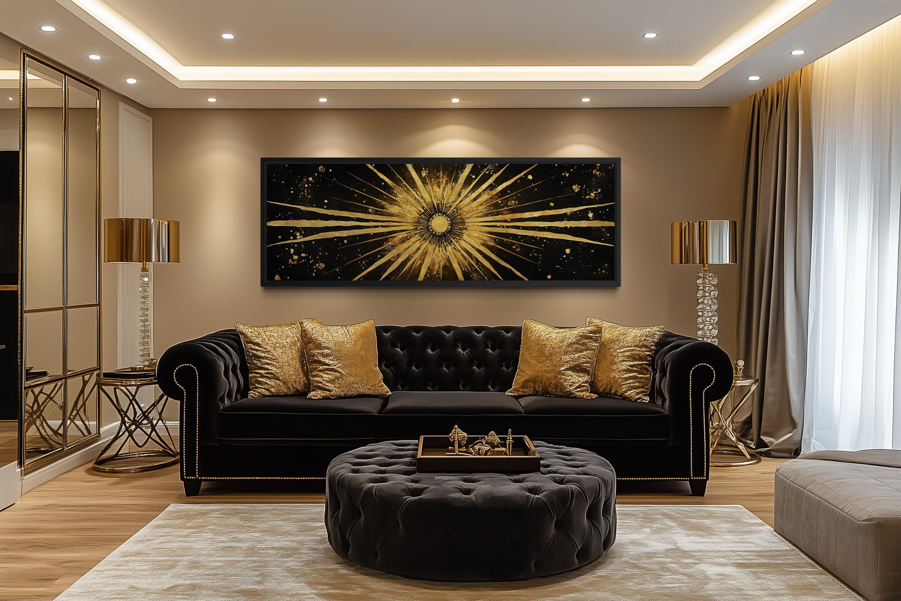 Gold Sun Wall Art – Black Gold Canvas | Long Horizontal Sunburst Abstract Painting