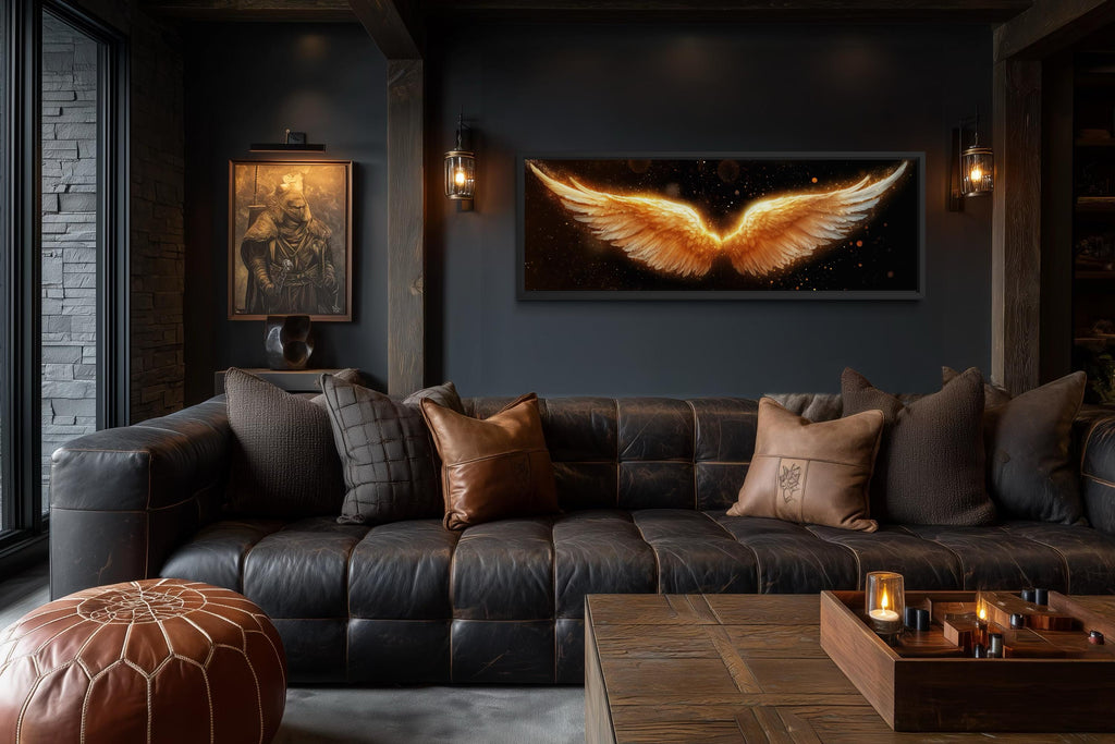 Golden Angel Wings Wall Art - Long Horizontal Canvas Print | Black Gold Luxury Bedroom Decor