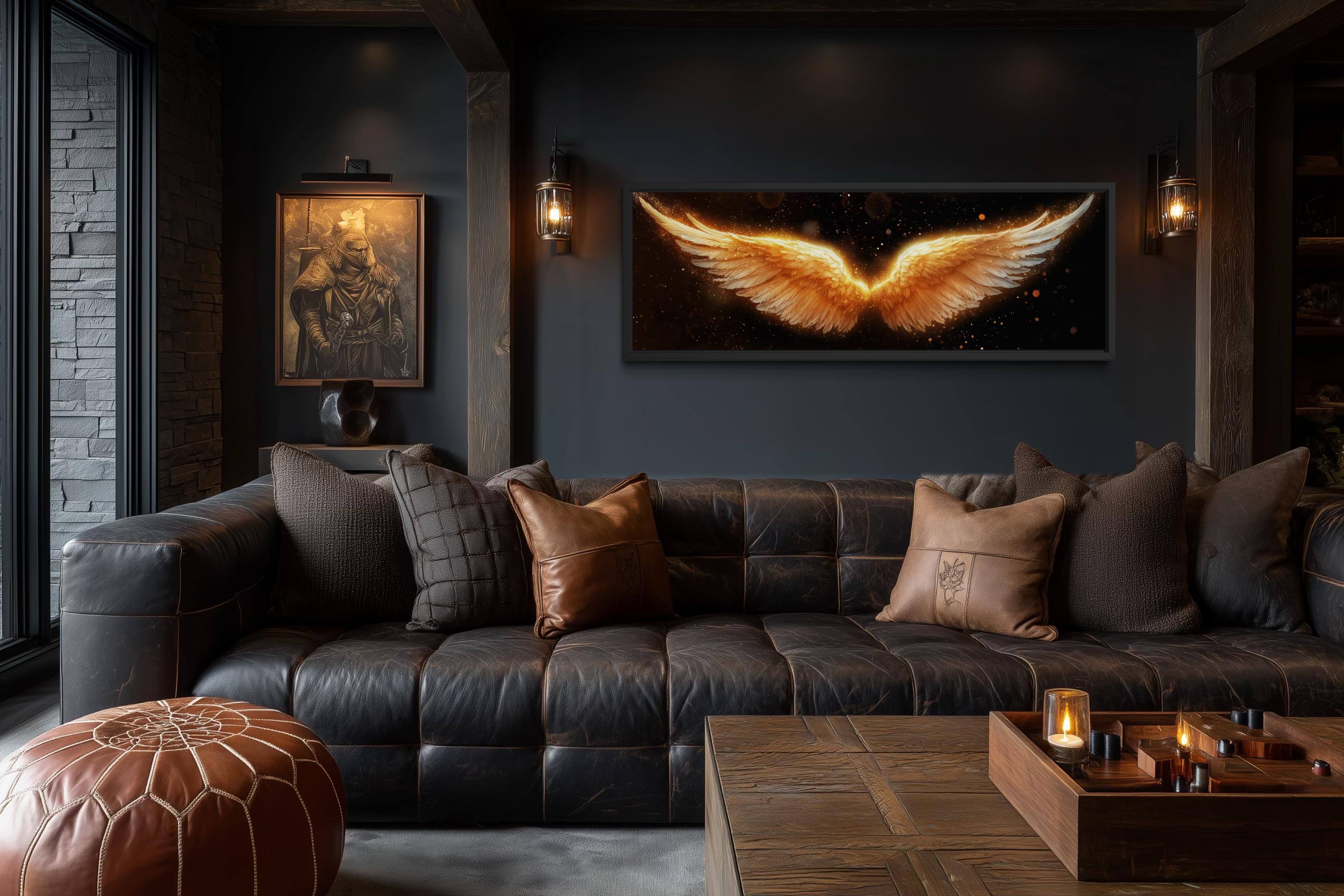 Golden Angel Wings Wall Art - Long Horizontal Canvas Print | Black Gold Luxury Bedroom Decor