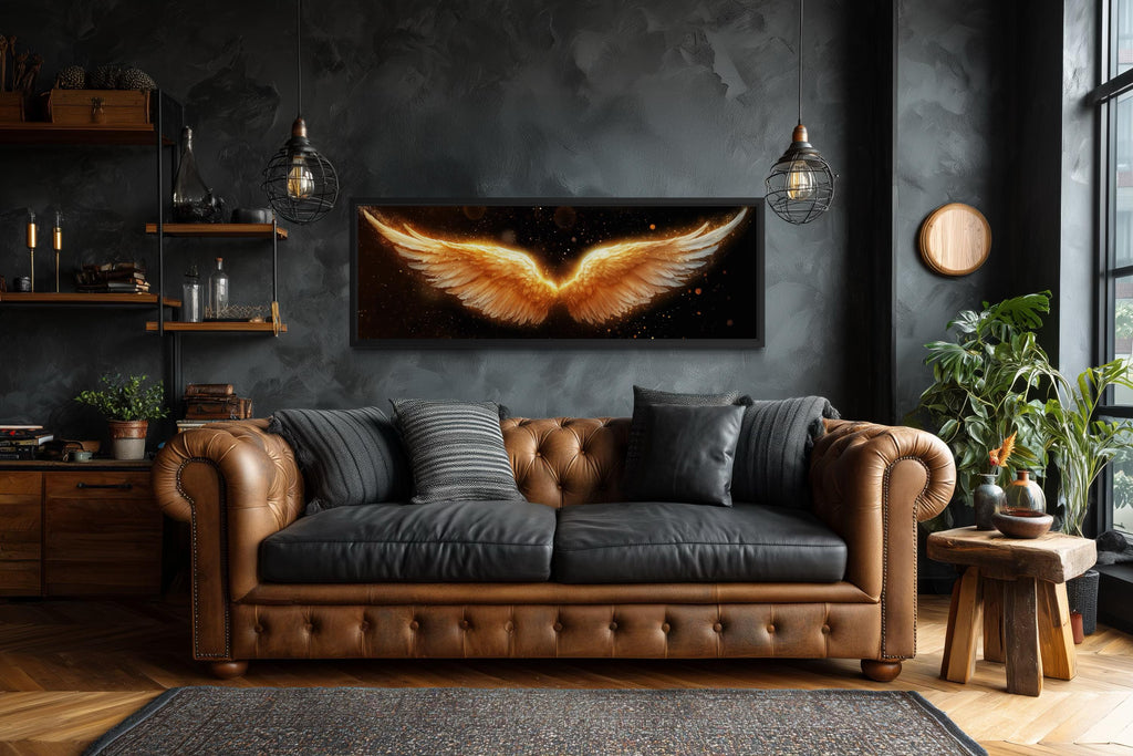 Golden Angel Wings Wall Art - Long Horizontal Canvas Print | Black Gold Luxury Bedroom Decor
