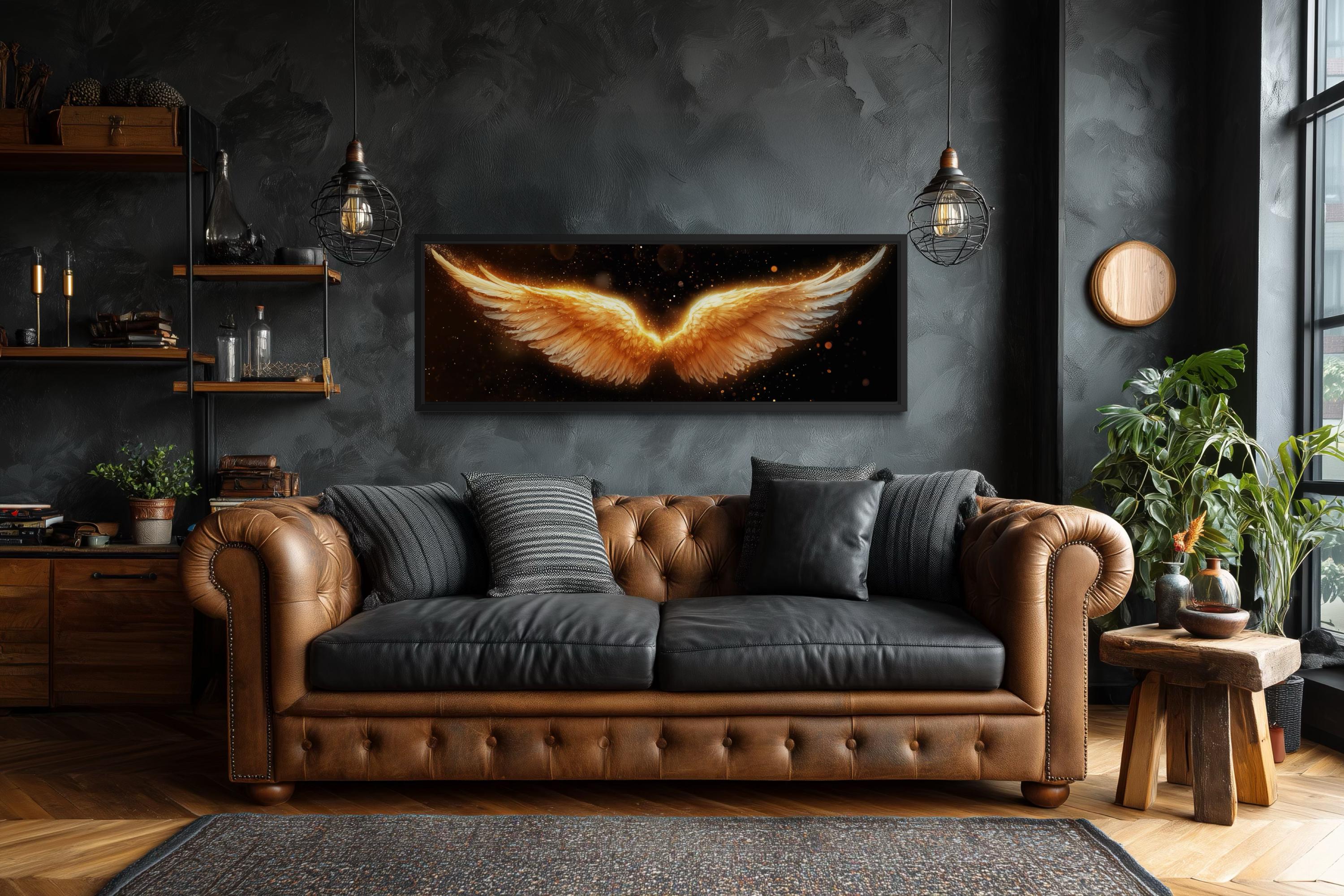 Golden Angel Wings Wall Art - Long Horizontal Canvas Print | Black Gold Luxury Bedroom Decor