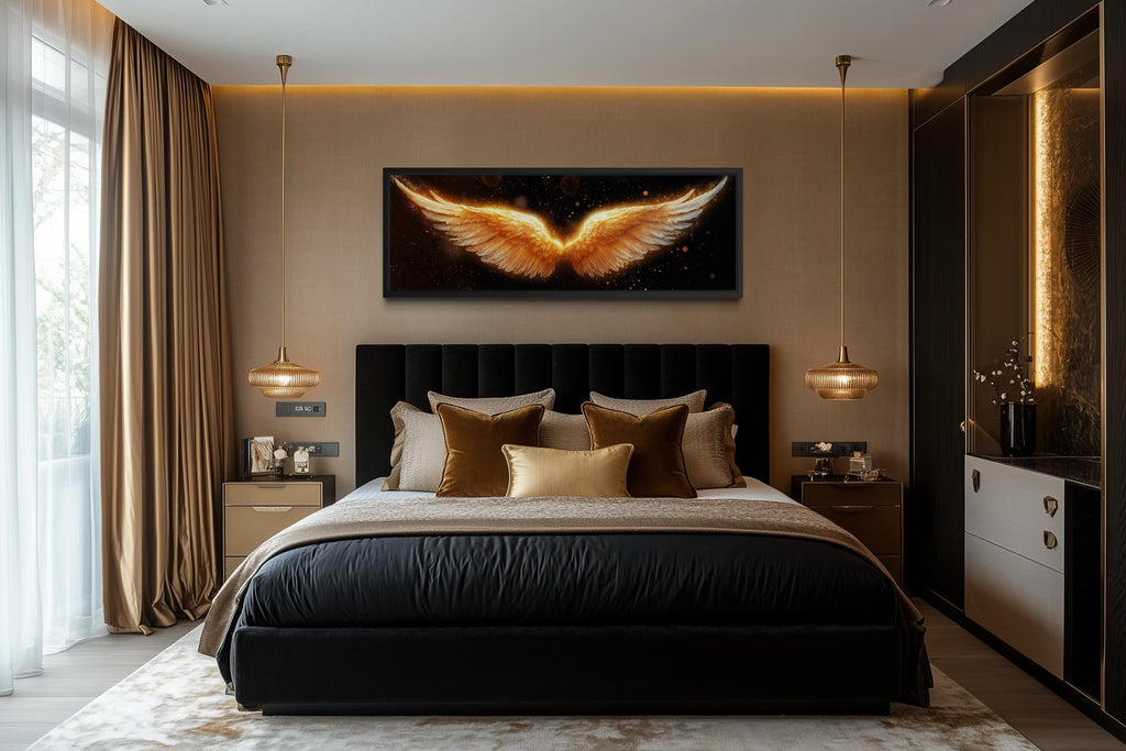 Golden Angel Wings Wall Art - Long Horizontal Canvas Print | Black Gold Luxury Bedroom Decor