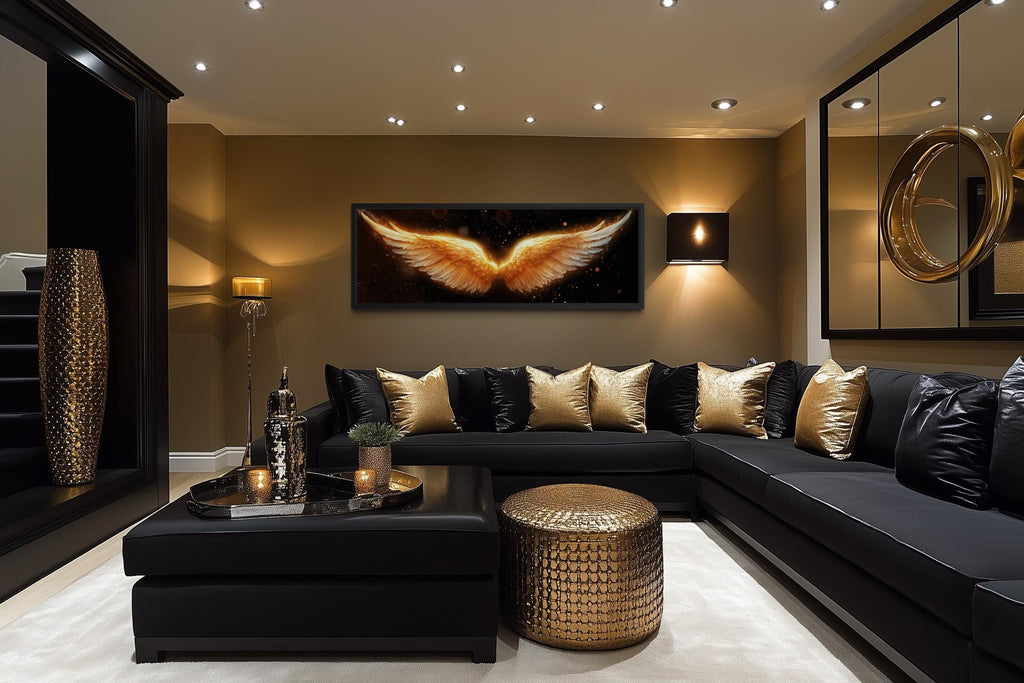 Golden Angel Wings Wall Art - Long Horizontal Canvas Print | Black Gold Luxury Bedroom Decor