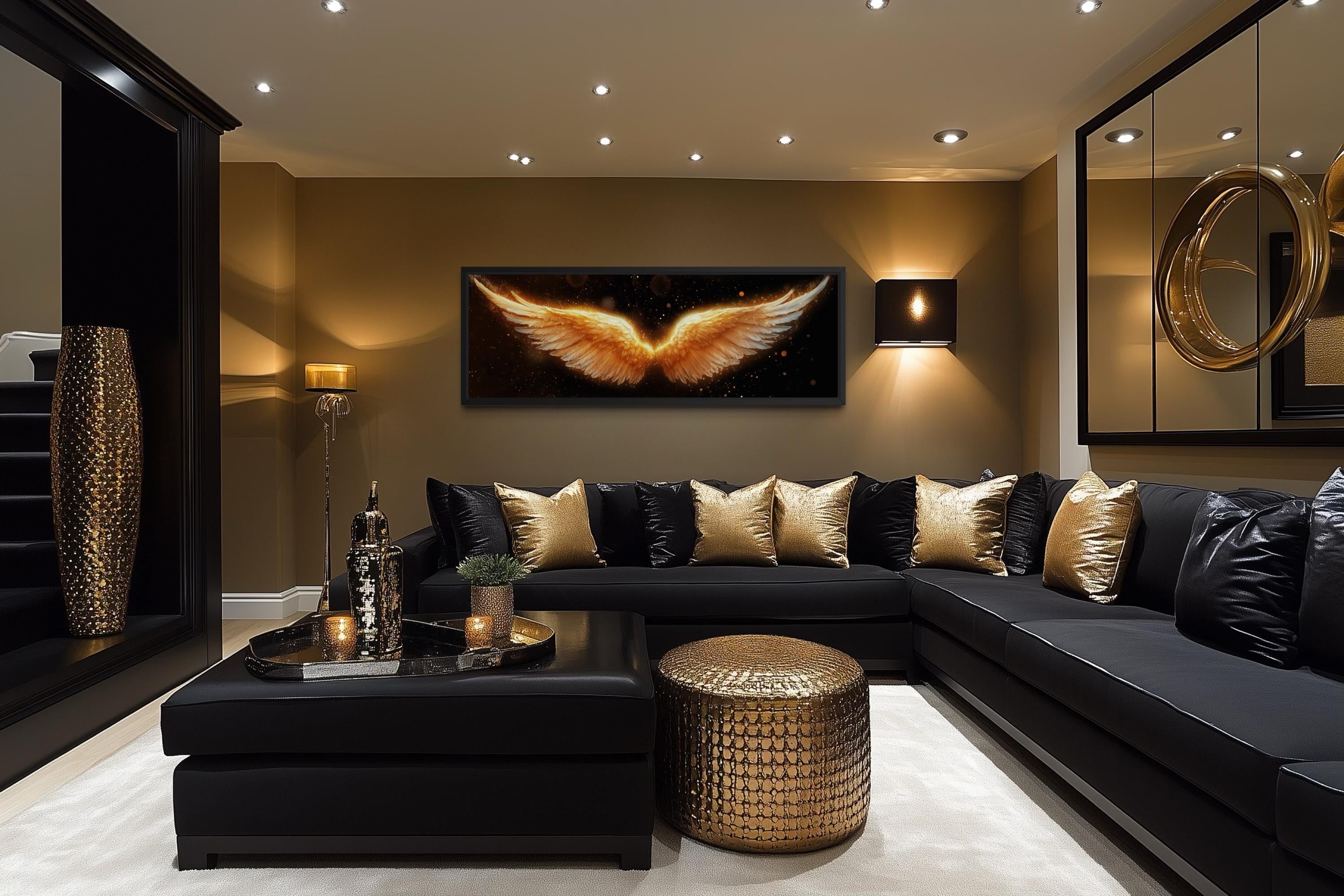 Golden Angel Wings Wall Art - Long Horizontal Canvas Print | Black Gold Luxury Bedroom Decor