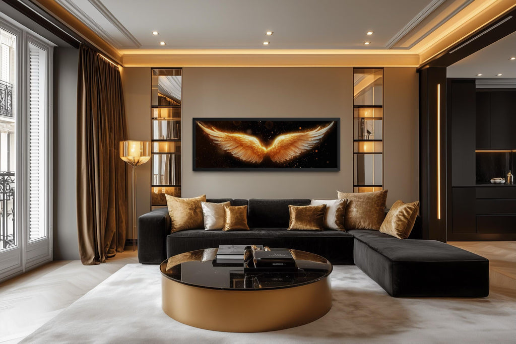 Golden Angel Wings Wall Art - Long Horizontal Canvas Print | Black Gold Luxury Bedroom Decor