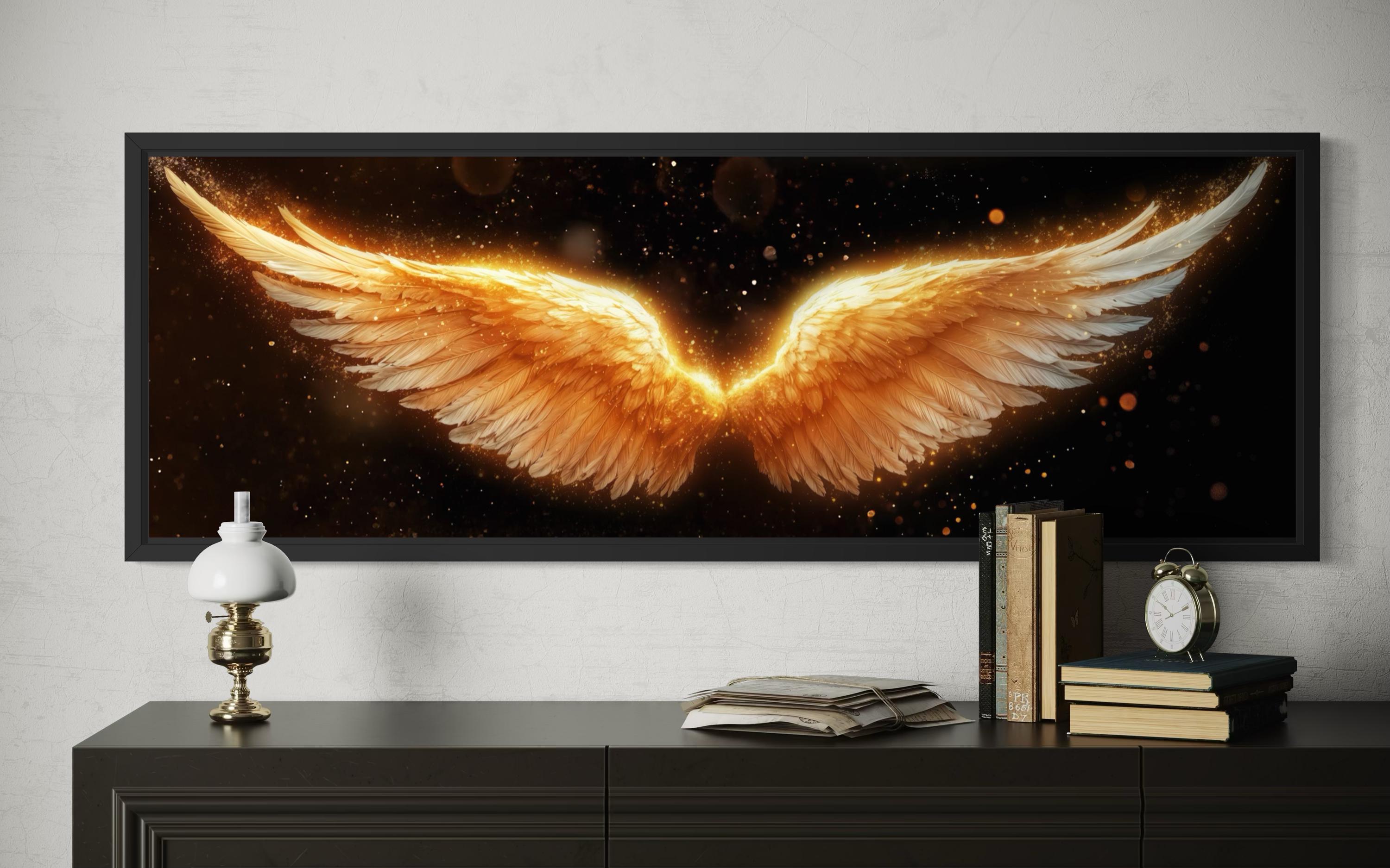 Golden Angel Wings Wall Art - Long Horizontal Canvas Print | Black Gold Luxury Bedroom Decor