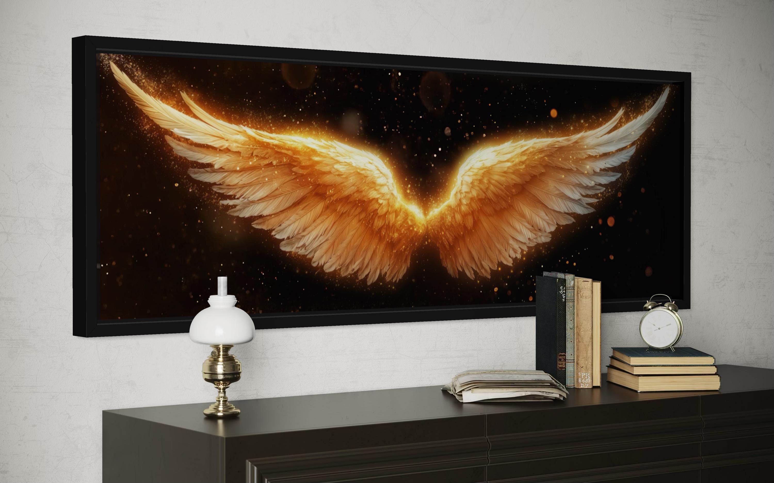 Golden Angel Wings Wall Art - Long Horizontal Canvas Print | Black Gold Luxury Bedroom Decor
