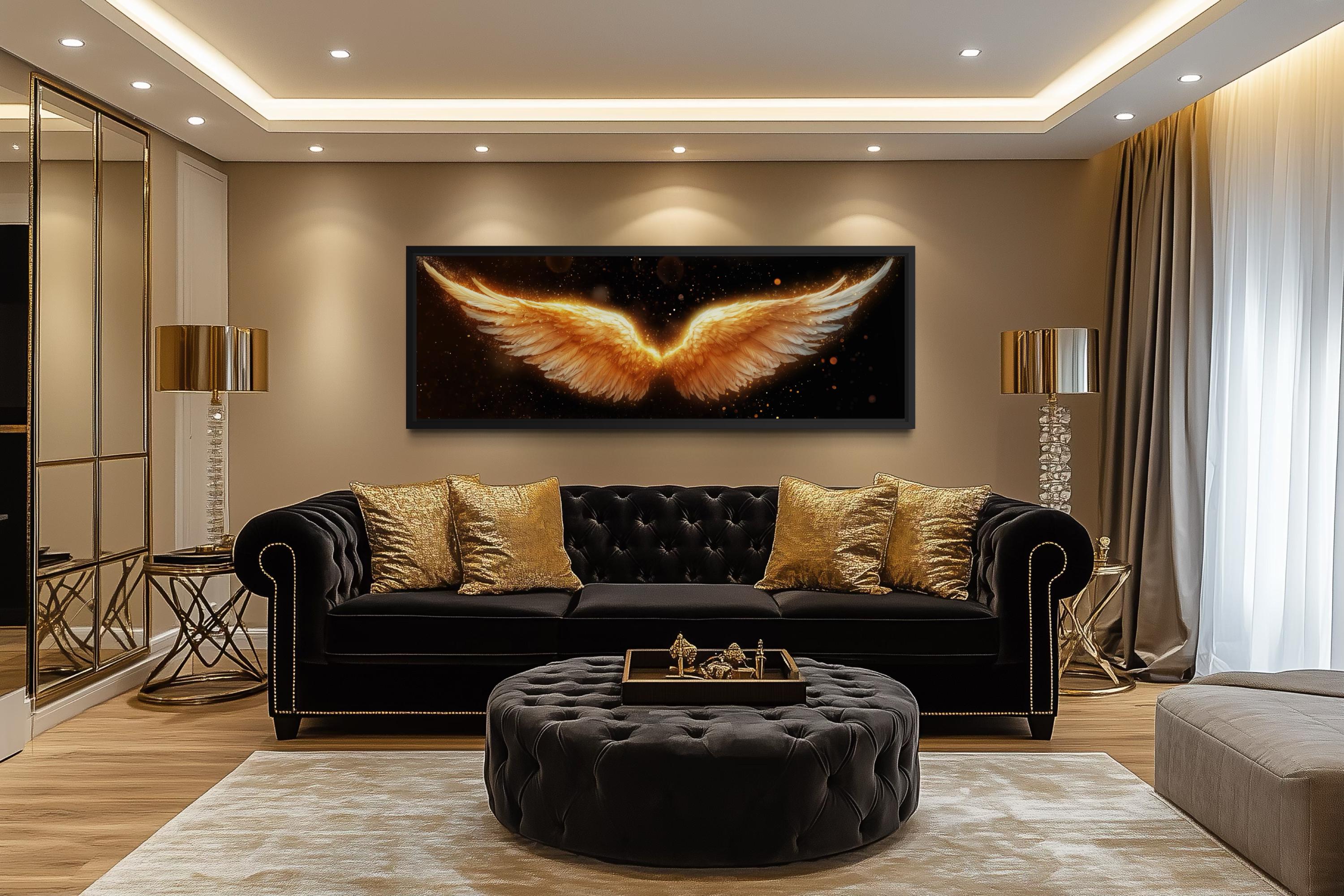 Golden Angel Wings Wall Art - Long Horizontal Canvas Print | Black Gold Luxury Bedroom Decor