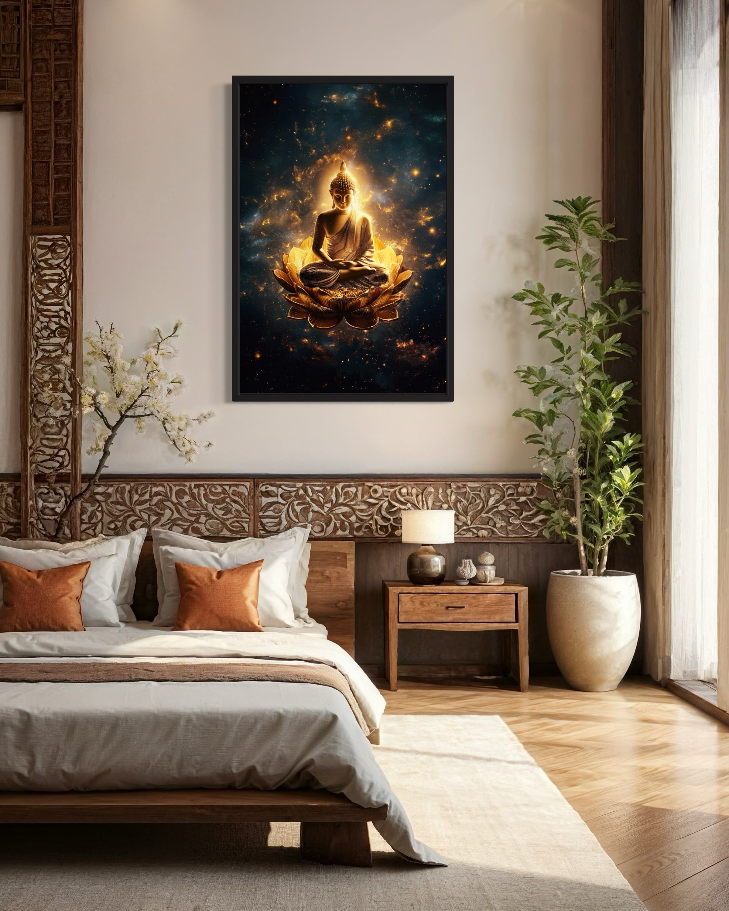 Golden Buddha With Lotus Flower Indian Framed Canvas Wall Art