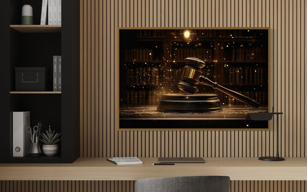 Golden Judge's Gavel Framed Canvas Wall Art