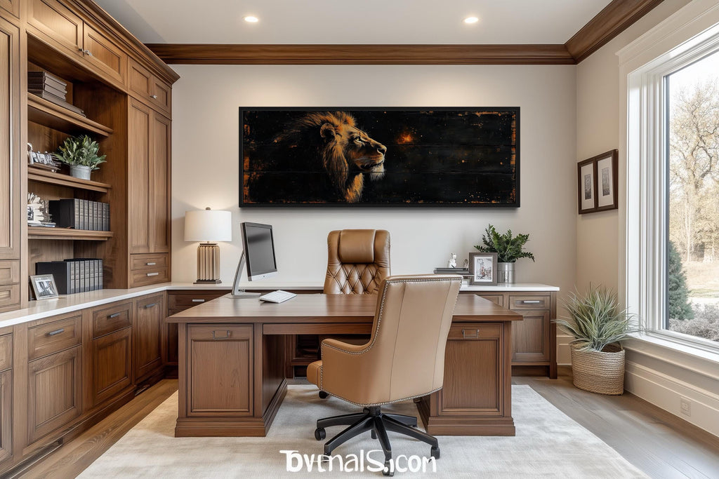 Golden Lion Long Horizontal Canvas Wall Art For Men's Bedroom