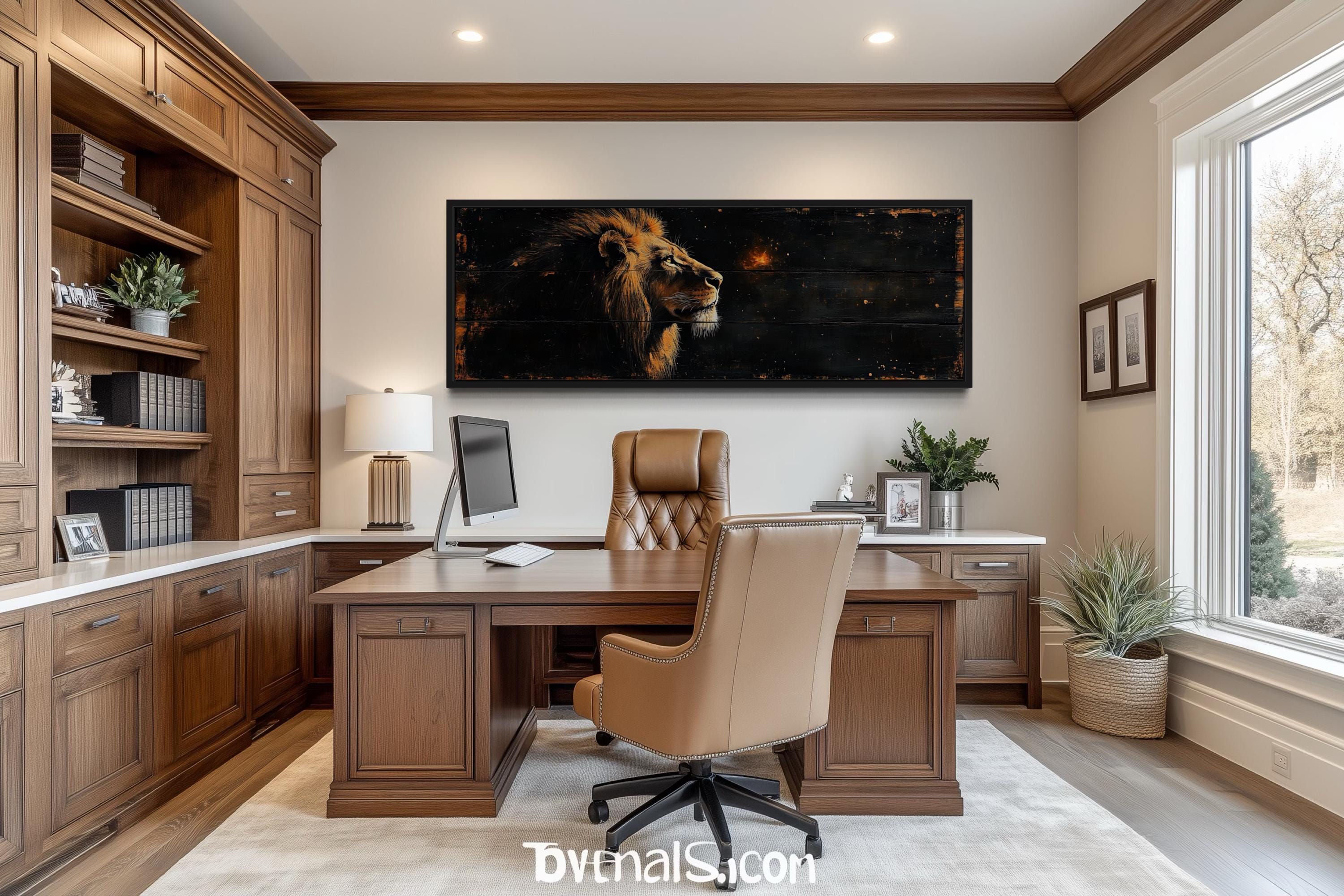 Golden Lion Long Horizontal Canvas Wall Art For Men's Bedroom