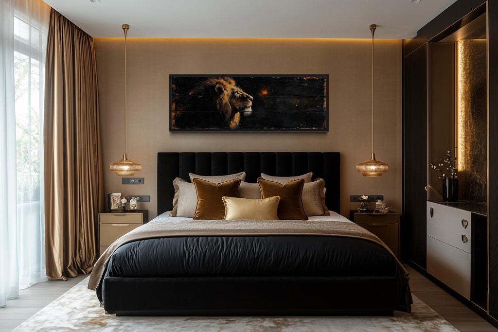 Golden Lion Long Horizontal Canvas Wall Art For Men's Bedroom
