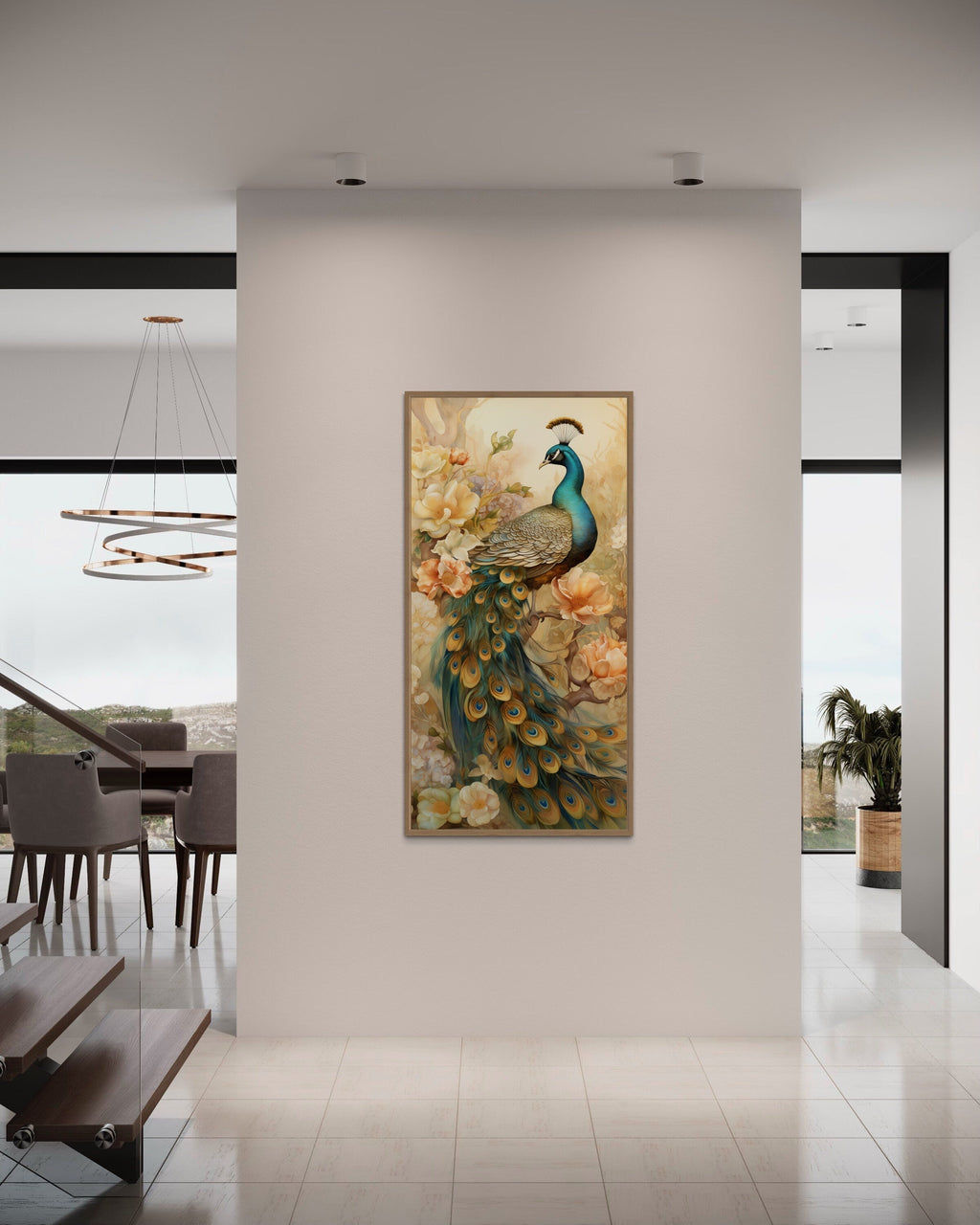 Golden Peacock Wall Art – Vertical Canvas Print with Metallic Gold Accents for Elegant Home Decor