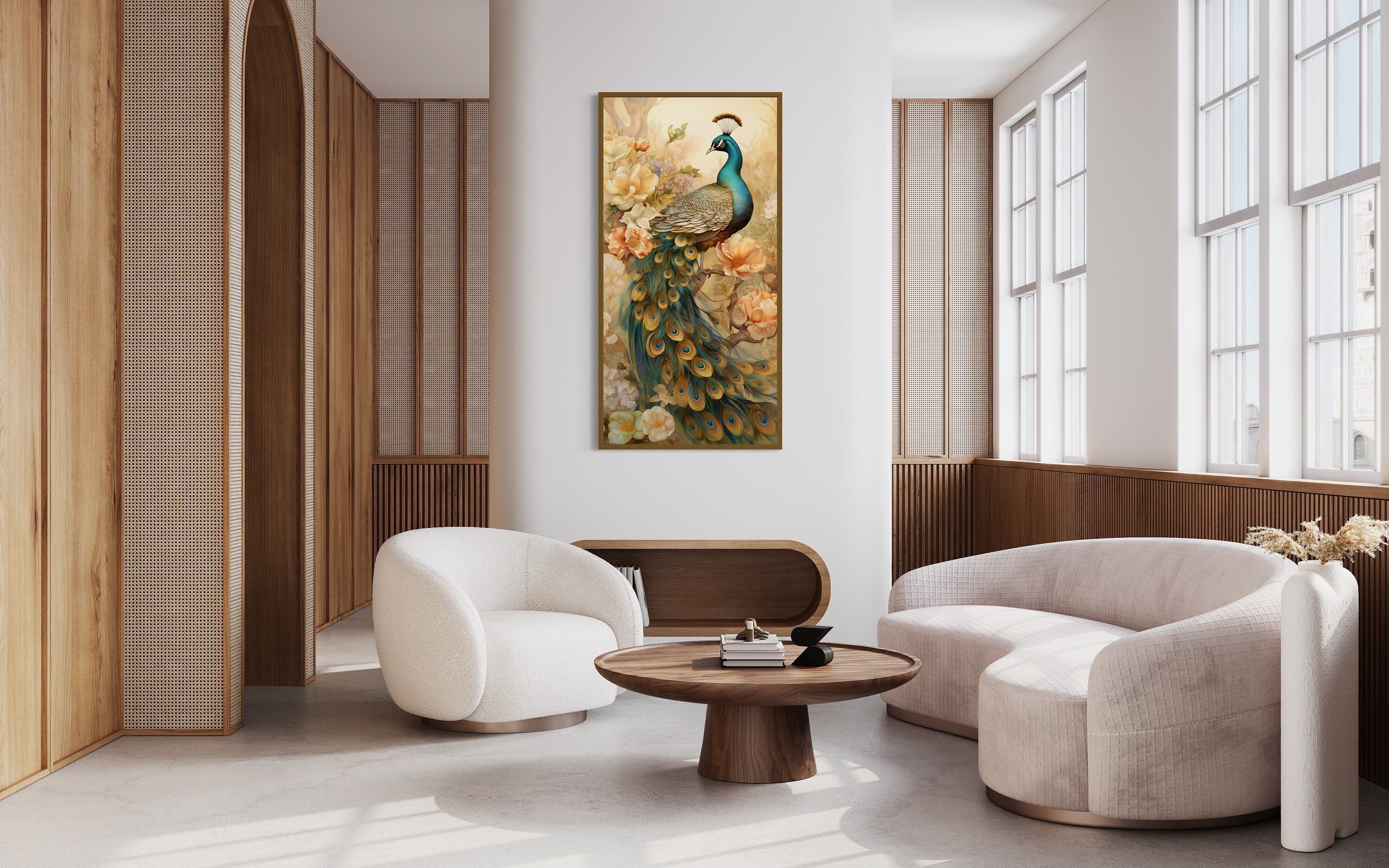Golden Peacock Wall Art – Vertical Canvas Print with Metallic Gold Accents for Elegant Home Decor