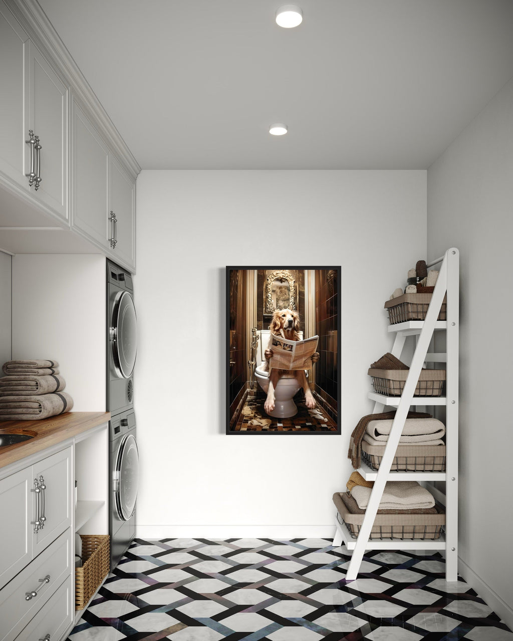 Golden Retriever Dog On The Toilet Reading Newspaper Picture