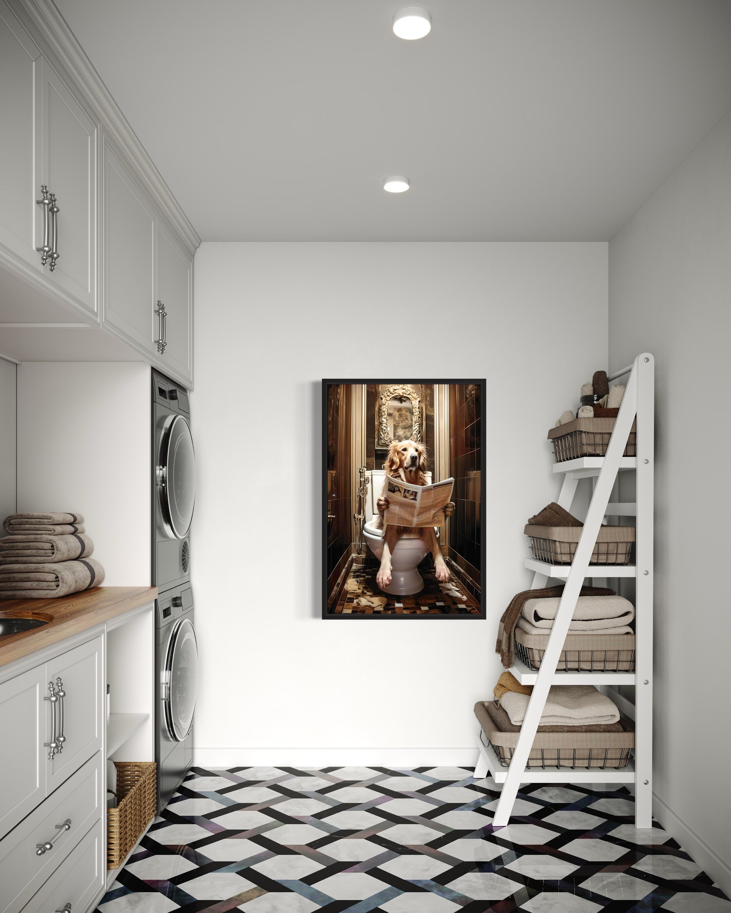 Golden Retriever Dog On The Toilet Reading Newspaper Picture