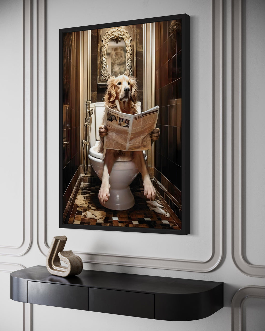 Golden Retriever Dog On The Toilet Reading Newspaper Picture