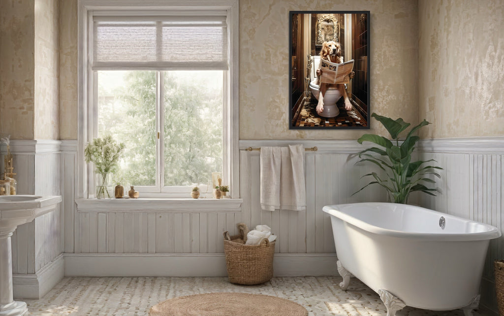 Golden Retriever Dog On The Toilet Reading Newspaper Picture