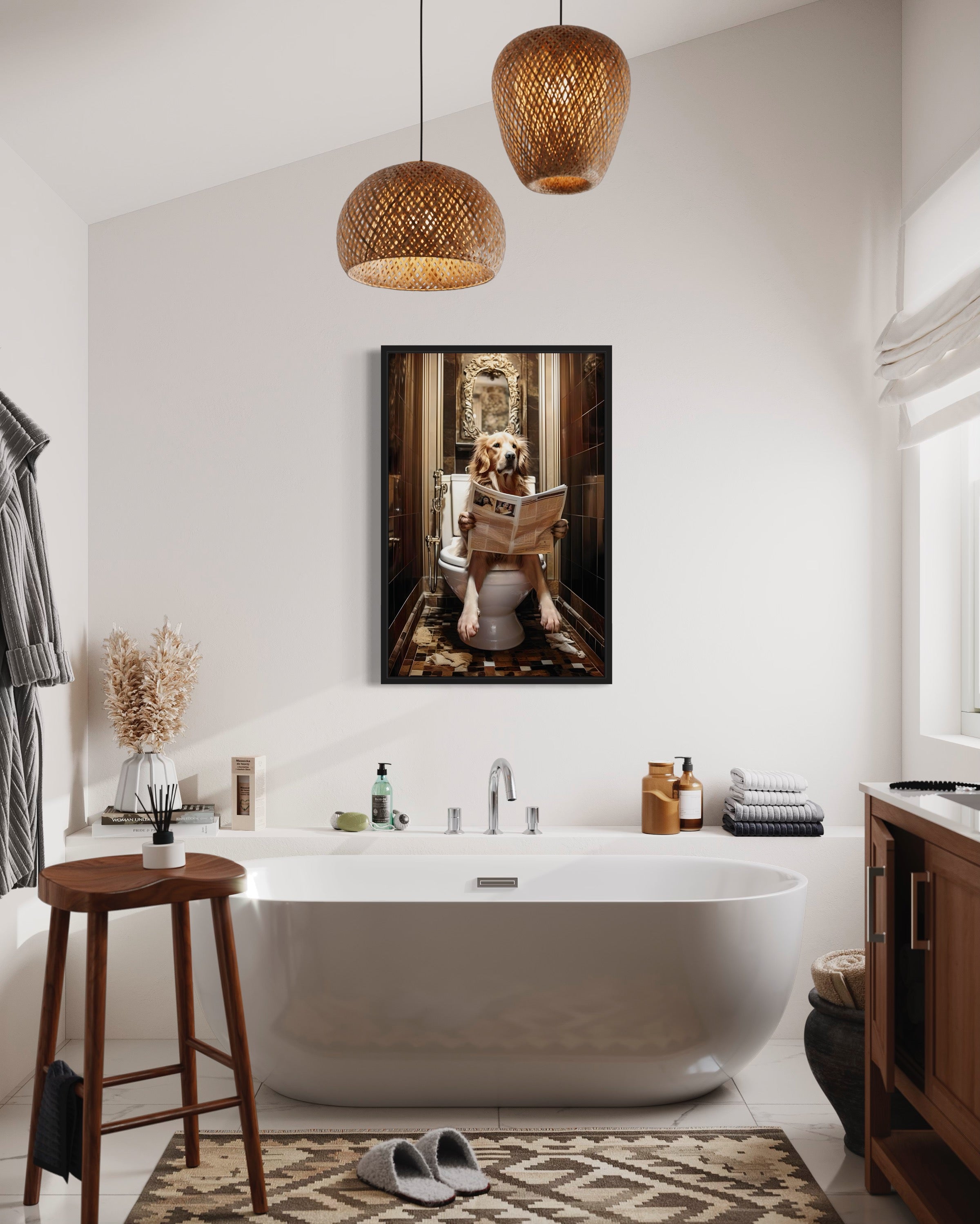 Golden Retriever Dog On The Toilet Reading Newspaper Picture