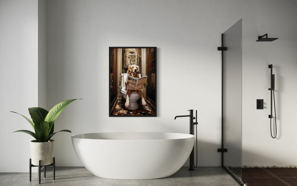 Golden Retriever Dog On The Toilet Reading Newspaper Picture