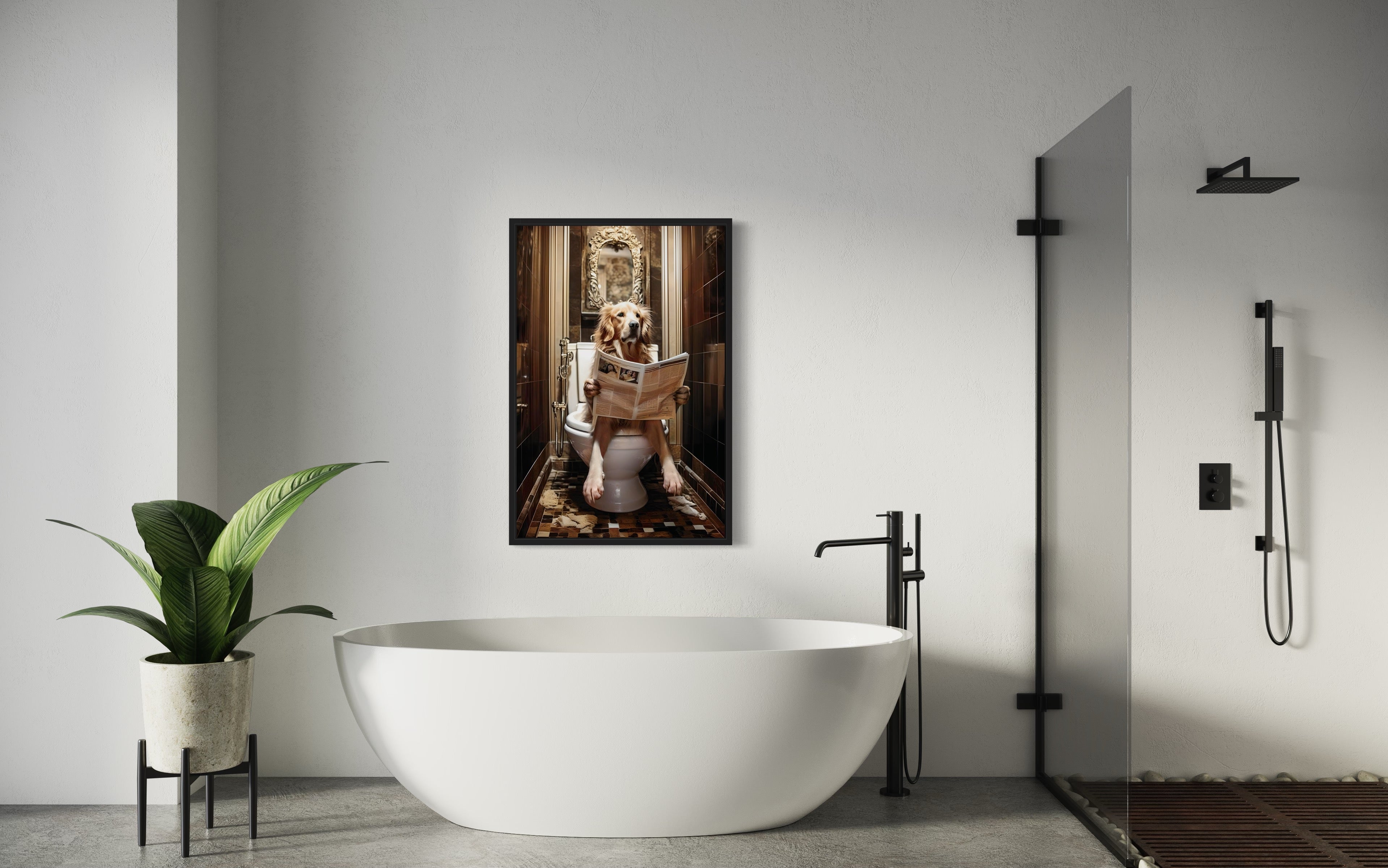 Golden Retriever Dog On The Toilet Reading Newspaper Picture