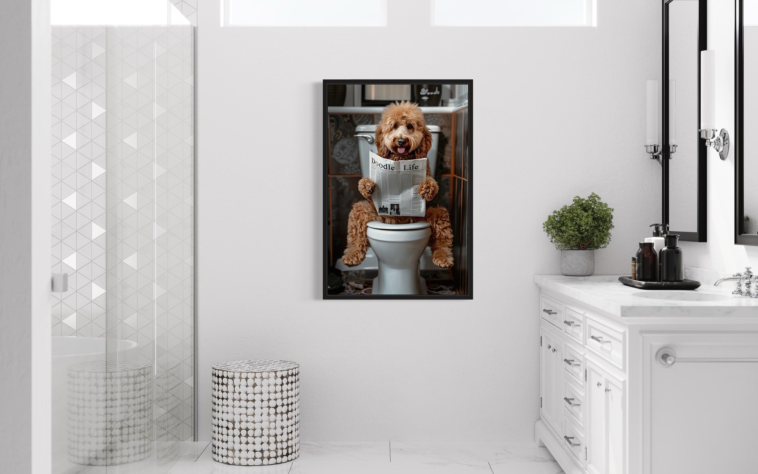 Goldendoodle Bathroom Picture On Toilet Framed Canvas Wall Art