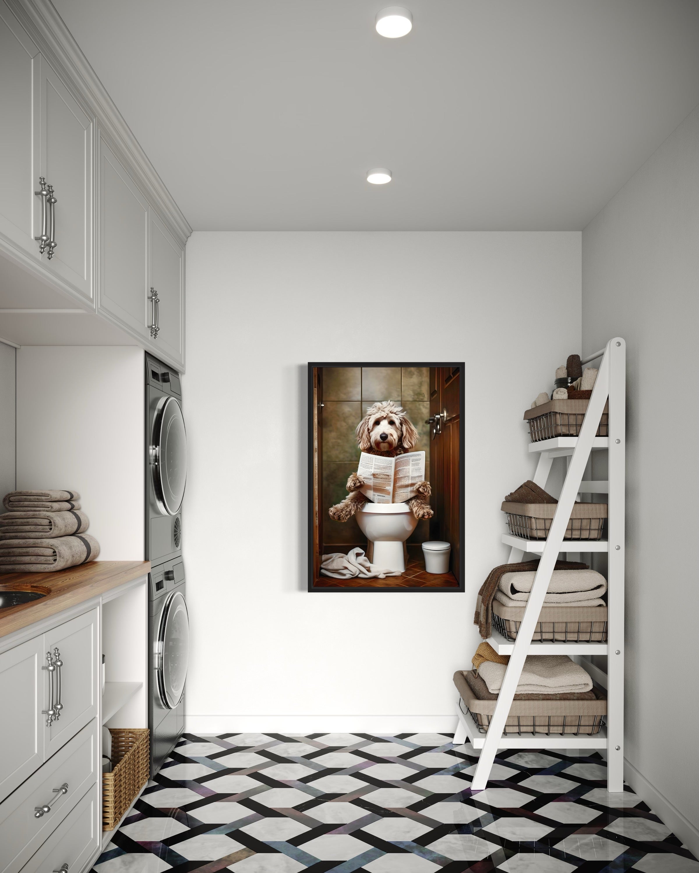 Goldendoodle Dog On The Toilet Reading Newspaper Picture