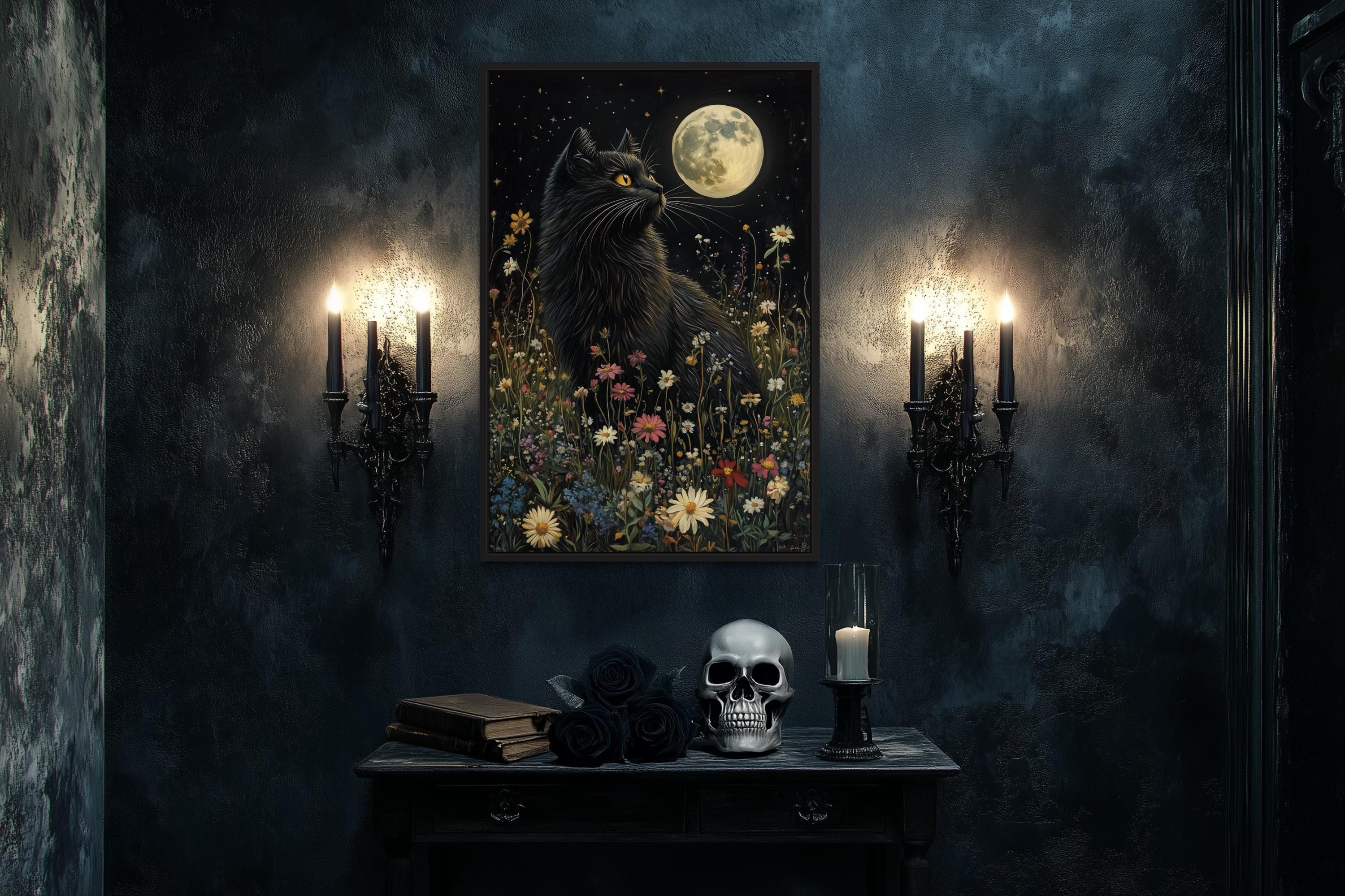 Gothic Black Cat In Meadow Under Full Moon Wall Art