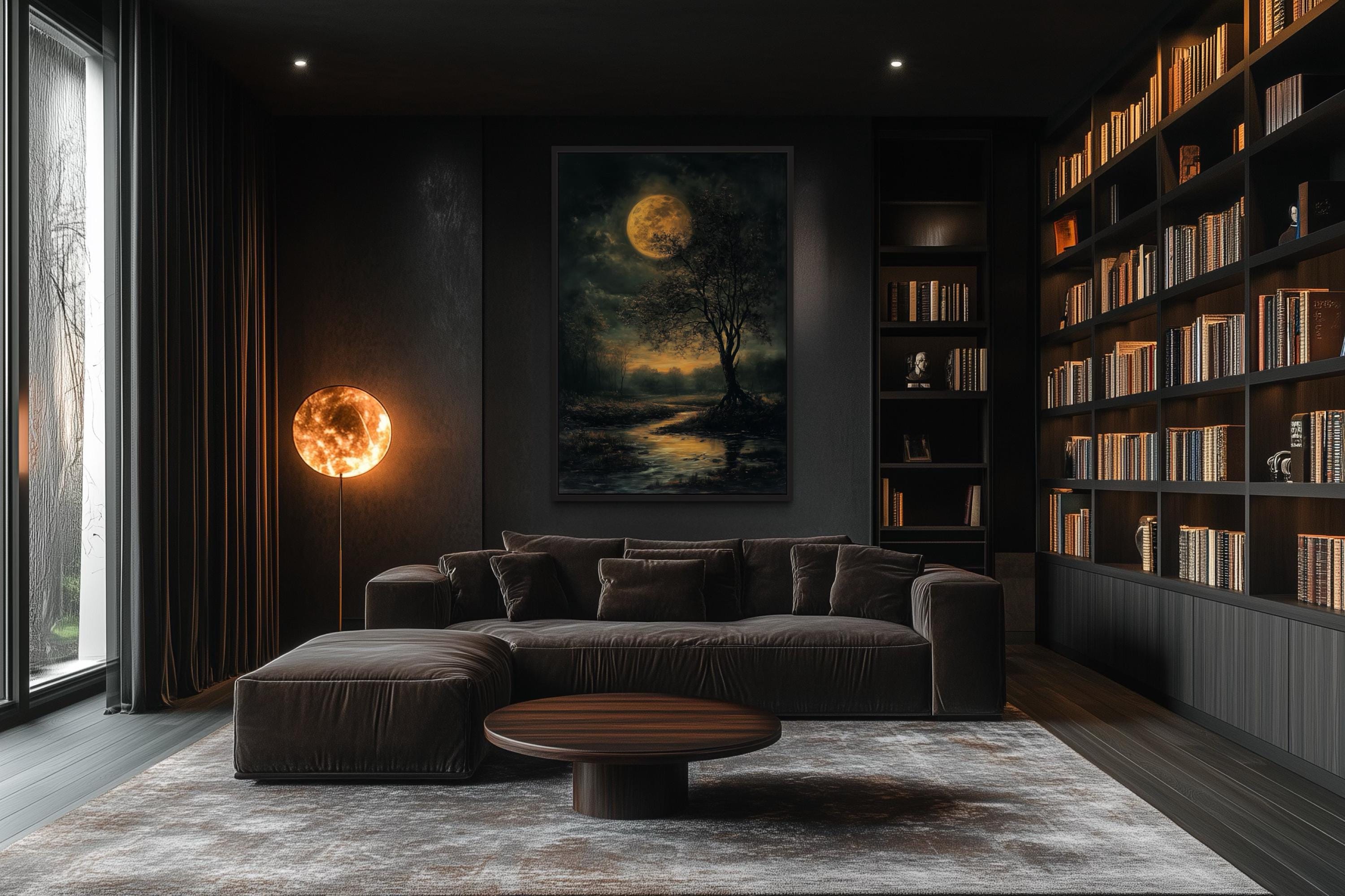 Gothic Full Moon Over Forest  – Spooky Tree and Reflecting Water Landscape Halloween Wall Art